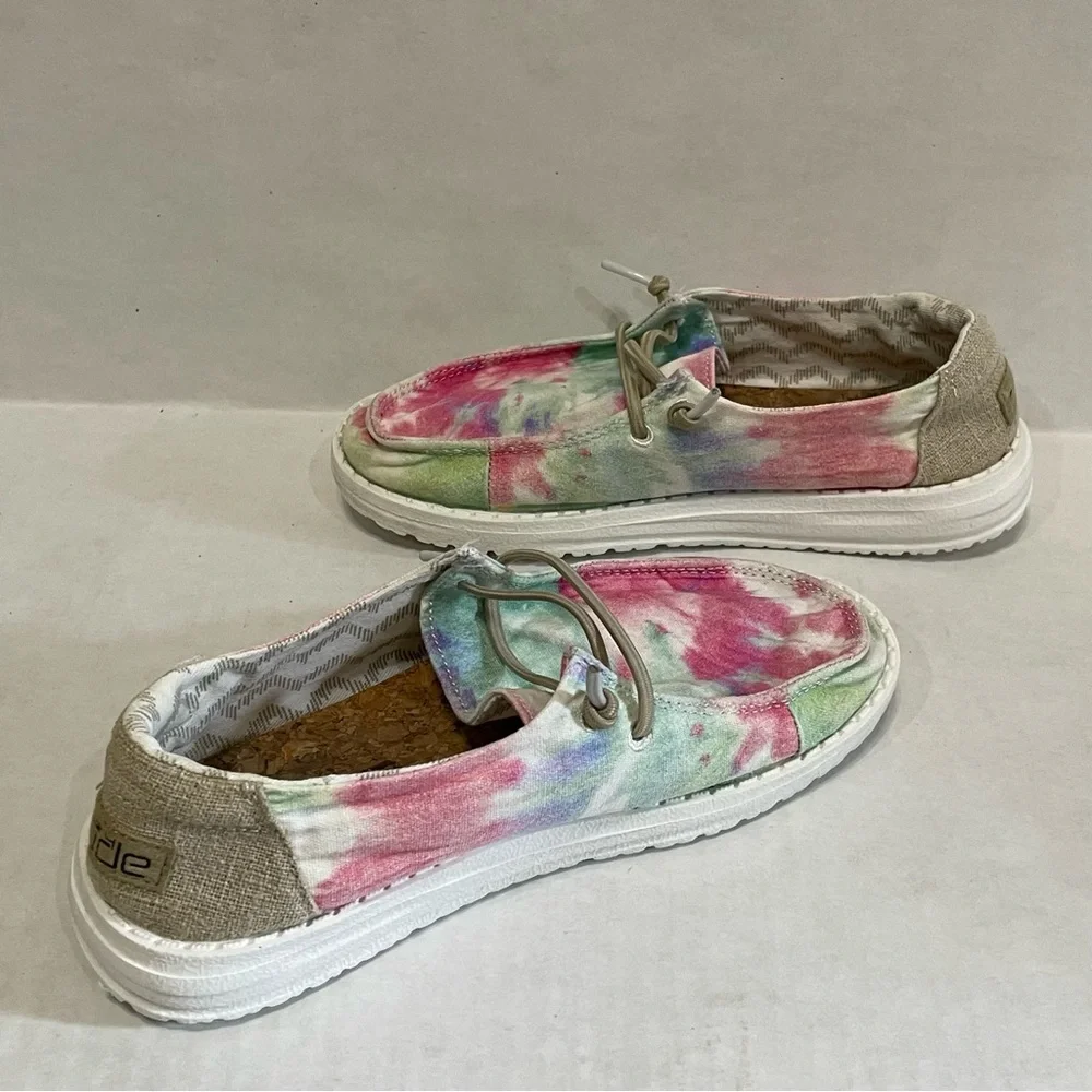 Hey Dude Wendy Youth Boho Mandala Tie Dye Shoes Pink Blue Girls Sz 2 (L 3)